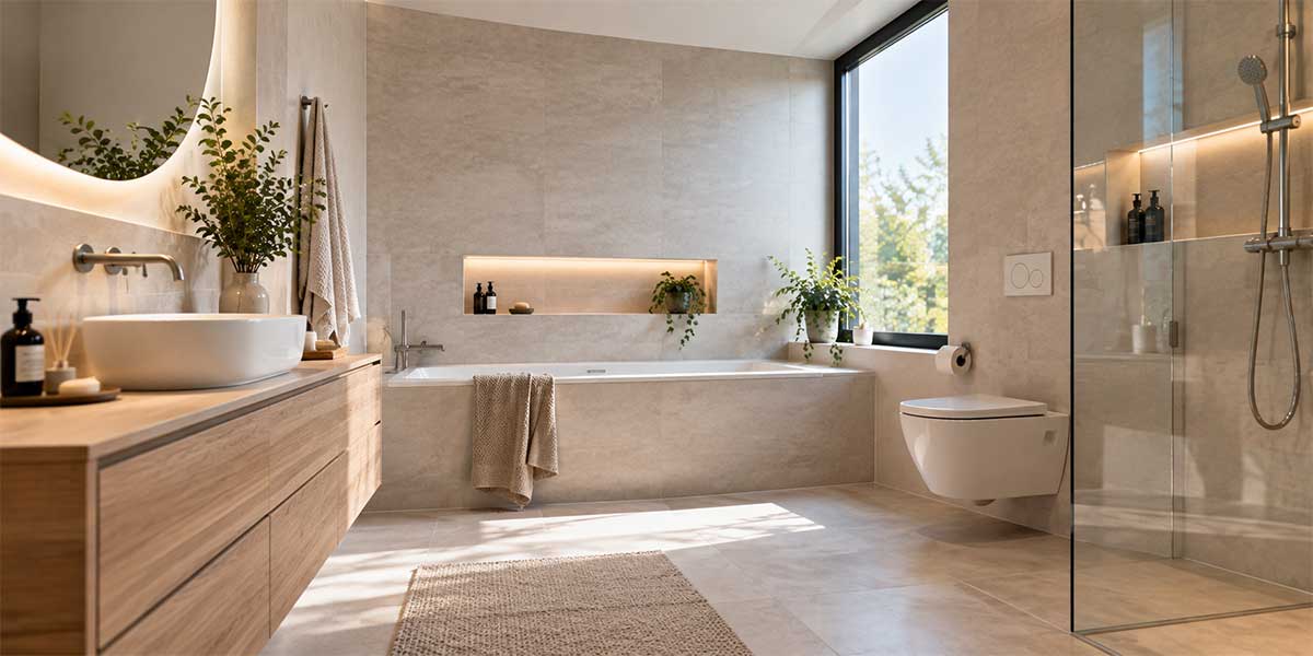 Modernes Badezimmer nach kompletter Sanierung mit Badewanne, Dusche, Waschtisch und WC