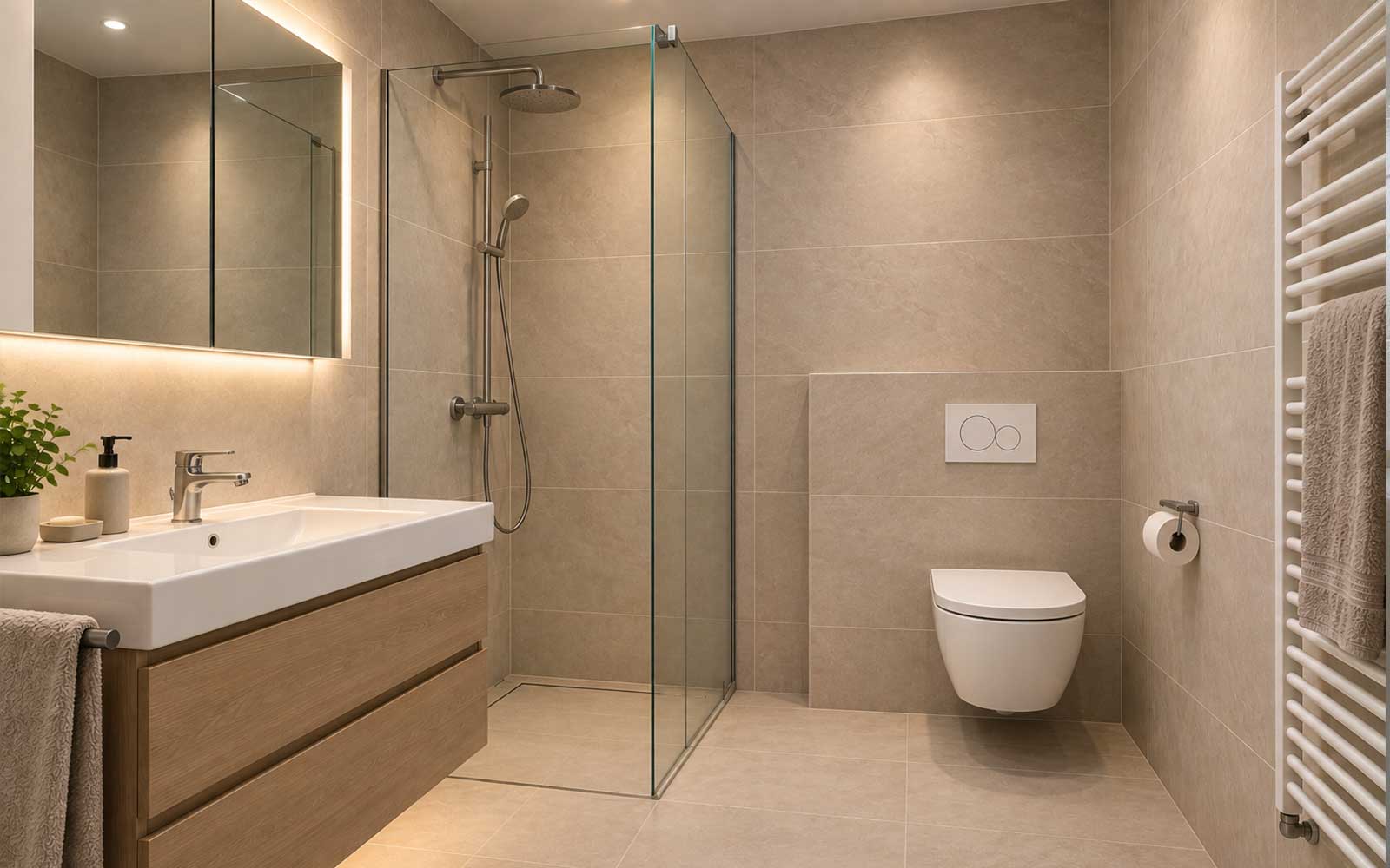 Modernisiertes Badezimmer mit bodengleicher Dusche, Waschtisch und Wand-WC