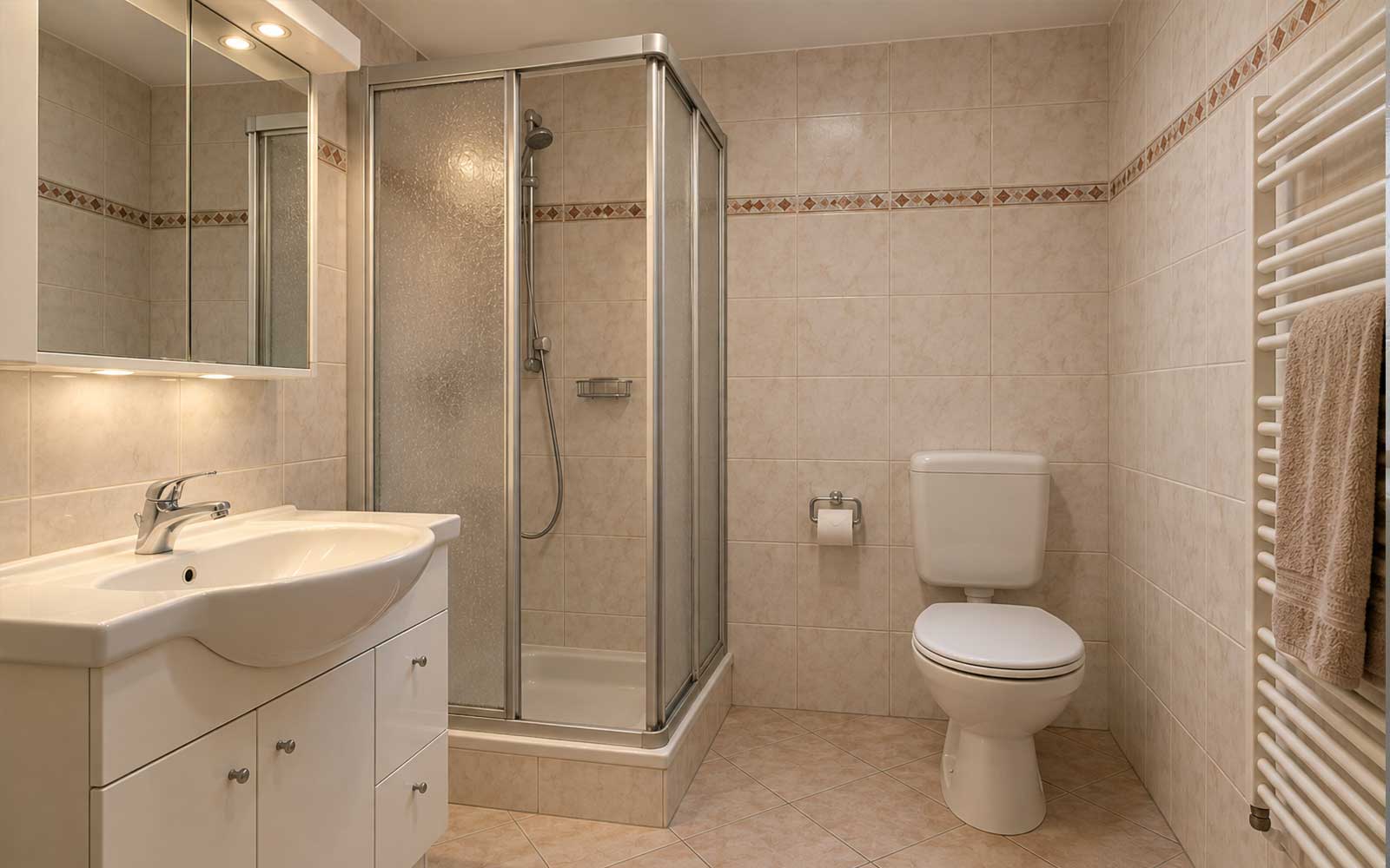 Badezimmer vor der Sanierung mit Dusche, Waschtisch und WC