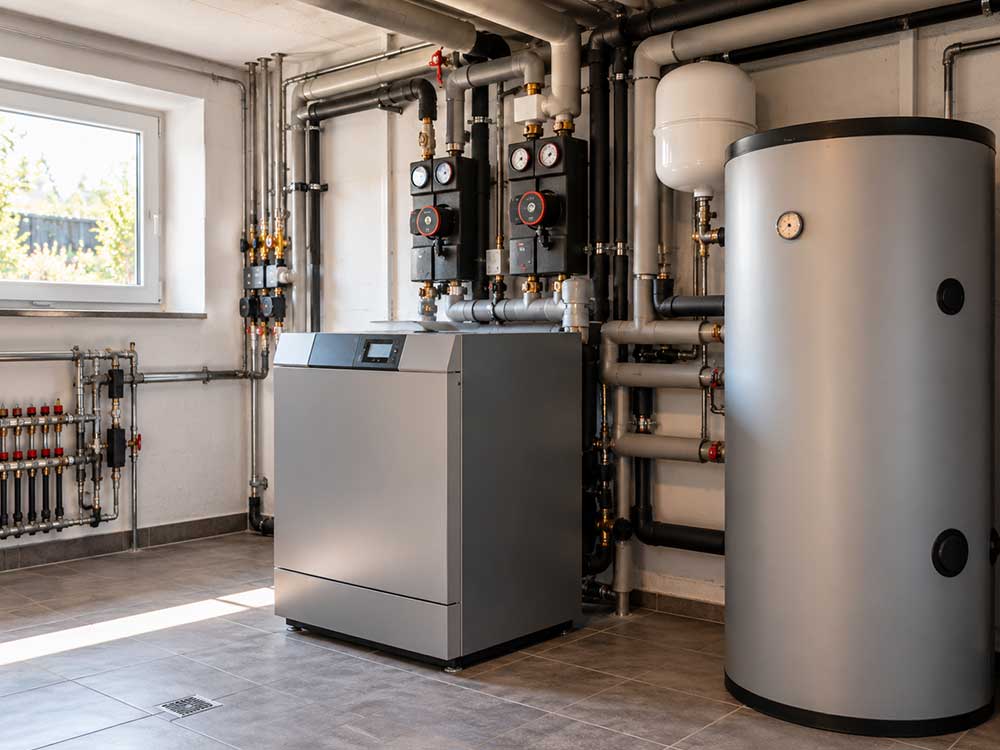 Bestehende Heizungsanlage mit Heizkessel, Speicher und Rohrleitungen