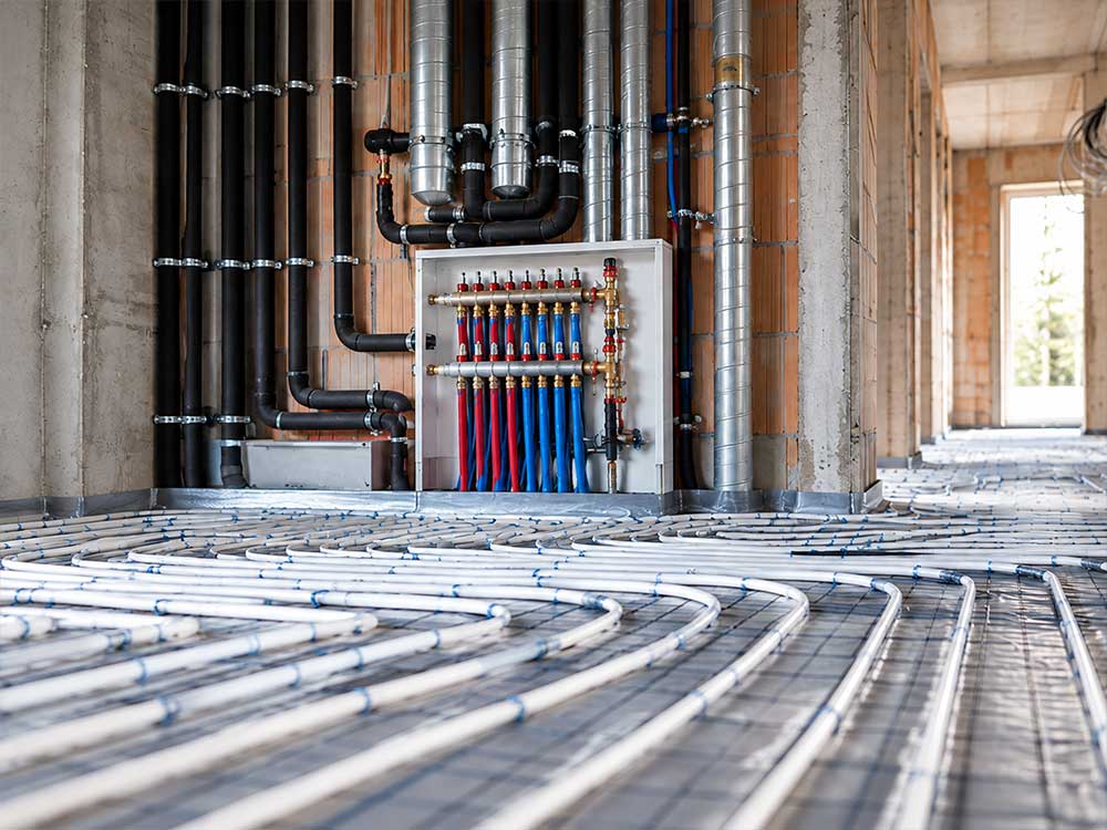 Haustechnik im Neubau mit Fußbodenheizung und Installationsleitungen