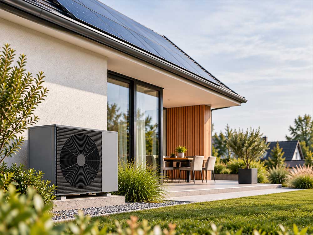 Luft-Wasser-Wärmepumpe neben einem modernen Einfamilienhaus mit Photovoltaikanlage auf dem Dach.
