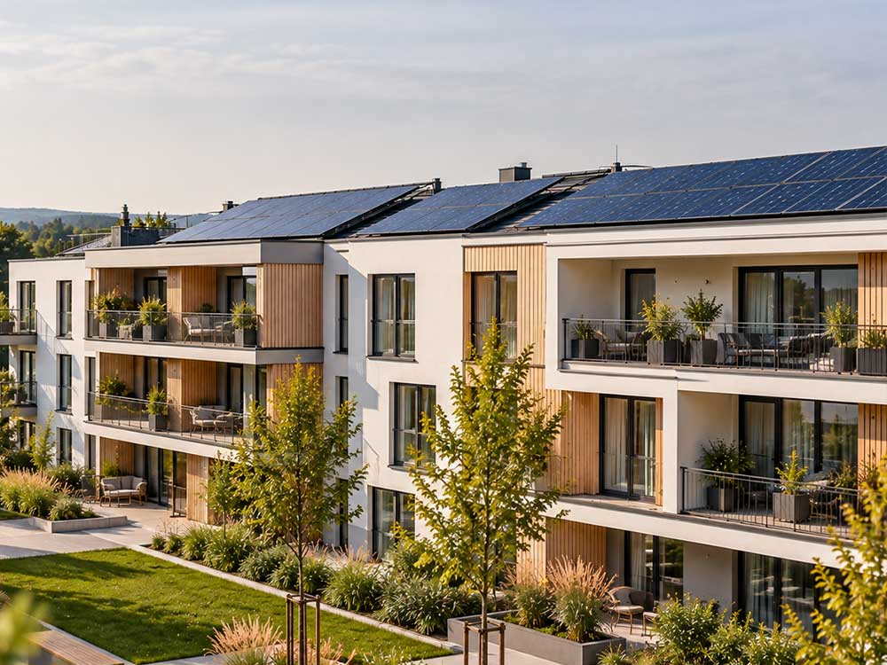 Mehrgeschossige Wohnanlage mit Photovoltaikmodulen auf den Schrägdächern und begrünten Außenbereichen.