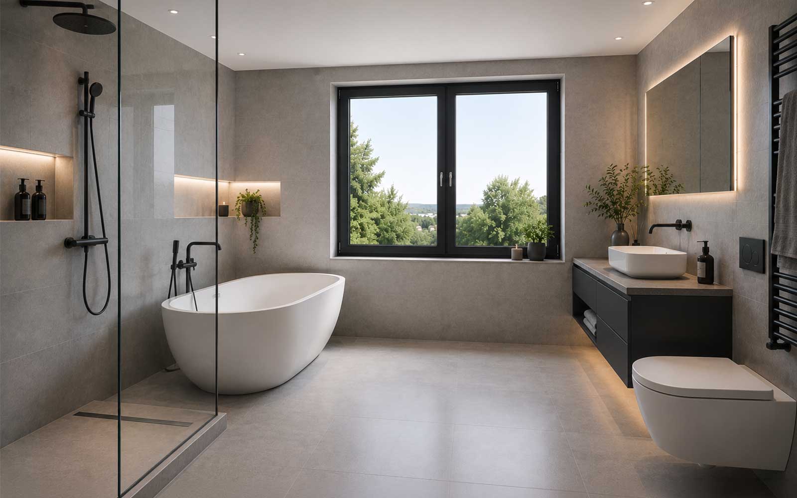 Modernisiertes Badezimmer mit freistehender Badewanne, Dusche und Waschtisch