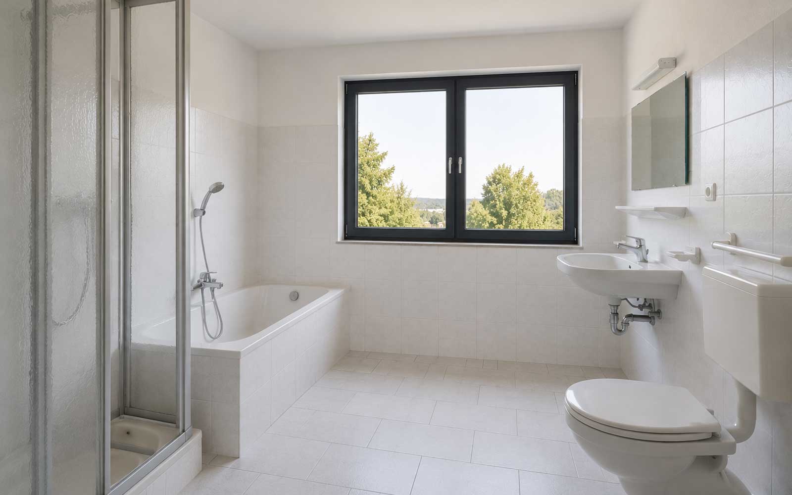 Helles Badezimmer vor der Sanierung mit Badewanne, Dusche, Waschbecken und WC