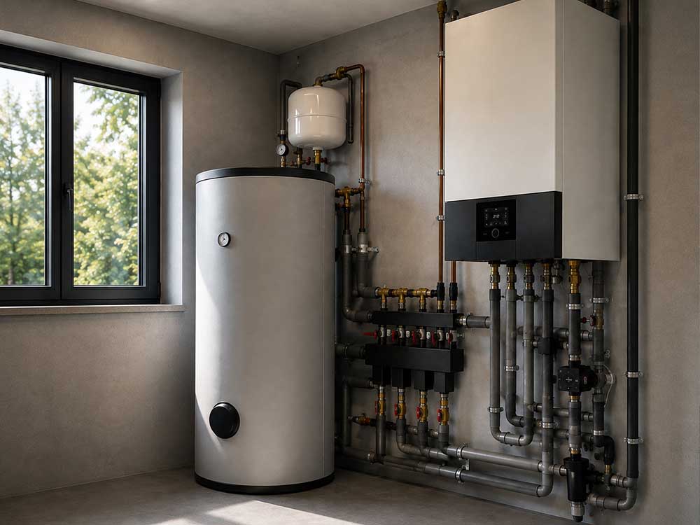 Heizungsanlage mit Speicher, Rohrleitungen und Verteiler in einem Technikraum.