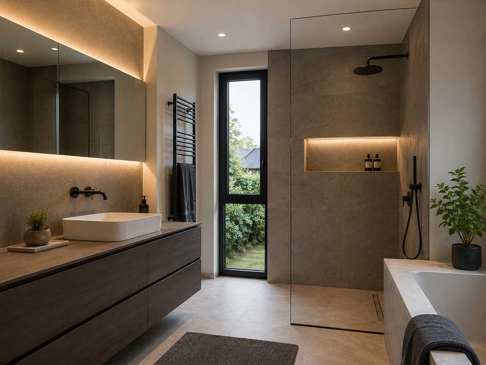 Modernes Badezimmer mit Waschtisch, bodengleicher Dusche und Badewanne.