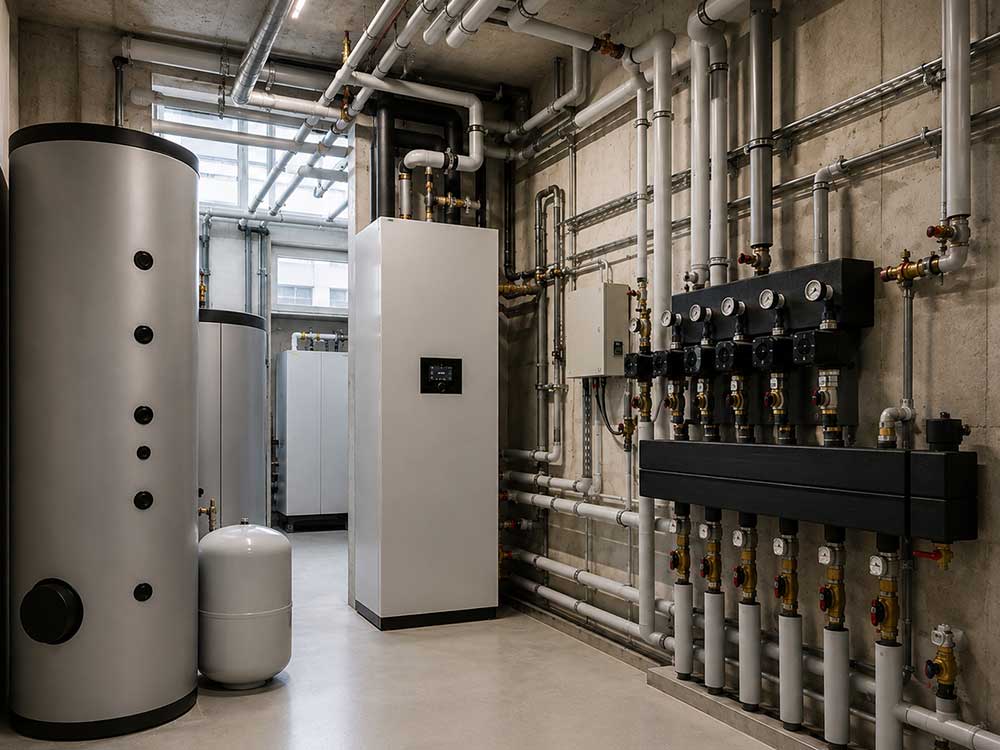Große Heizungsanlage mit Speichern und Verteilern in einem Technikraum.