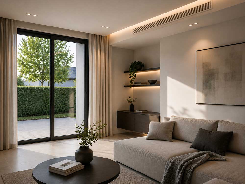 Moderner Wohnraum mit integrierter Lüftungsanlage und Deckenauslässen.
