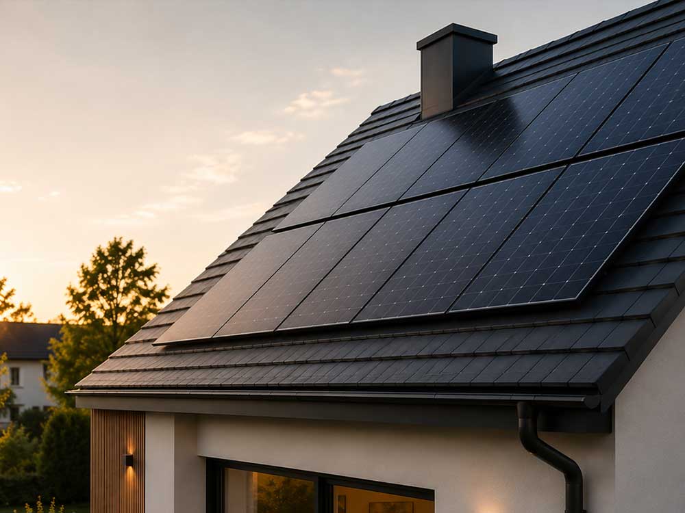 Photovoltaikanlage auf dem Dach eines modernen Einfamilienhauses.
