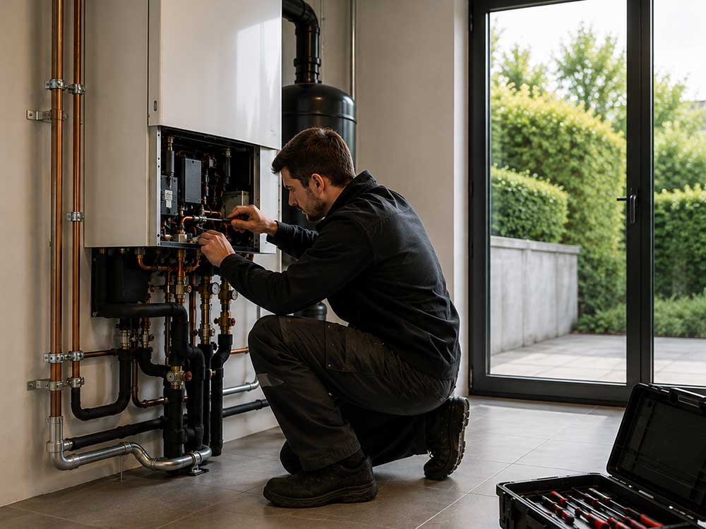 Servicetechniker bei der Wartung einer Heizungsanlage in einem Wohnhaus.