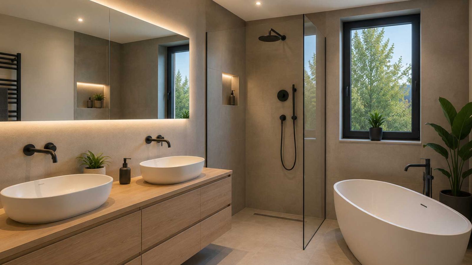Modernes Badezimmer mit Doppelwaschtisch, bodengleicher Dusche und freistehender Badewanne.