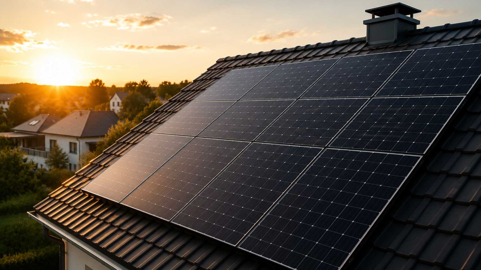 Photovoltaikanlage auf einem Ziegeldach mit Solarmodulen im warmen Abendlicht.