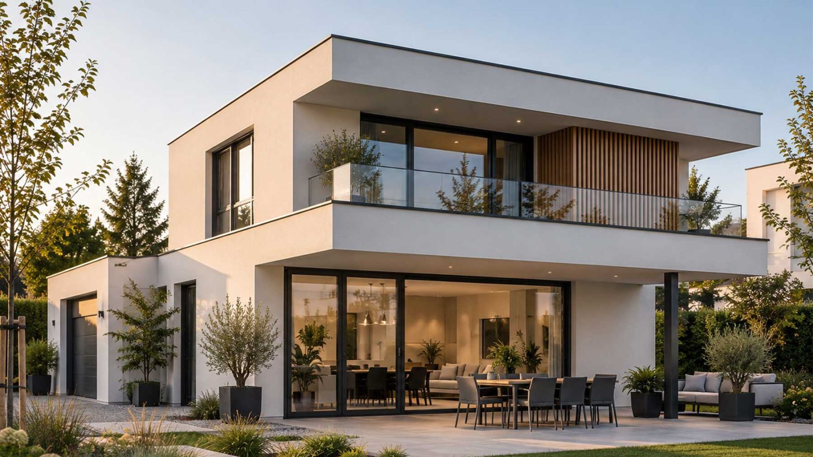 Modernes Einfamilienhaus mit Flachdach, großen Glasflächen, Balkon und Terrasse.