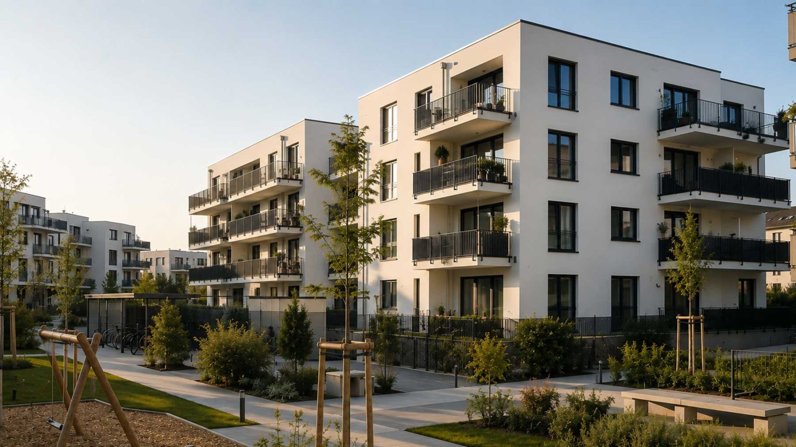Moderne Wohnhausanlage mit mehreren Mehrfamilienhäusern, Balkonen und begrünten Außenanlagen.