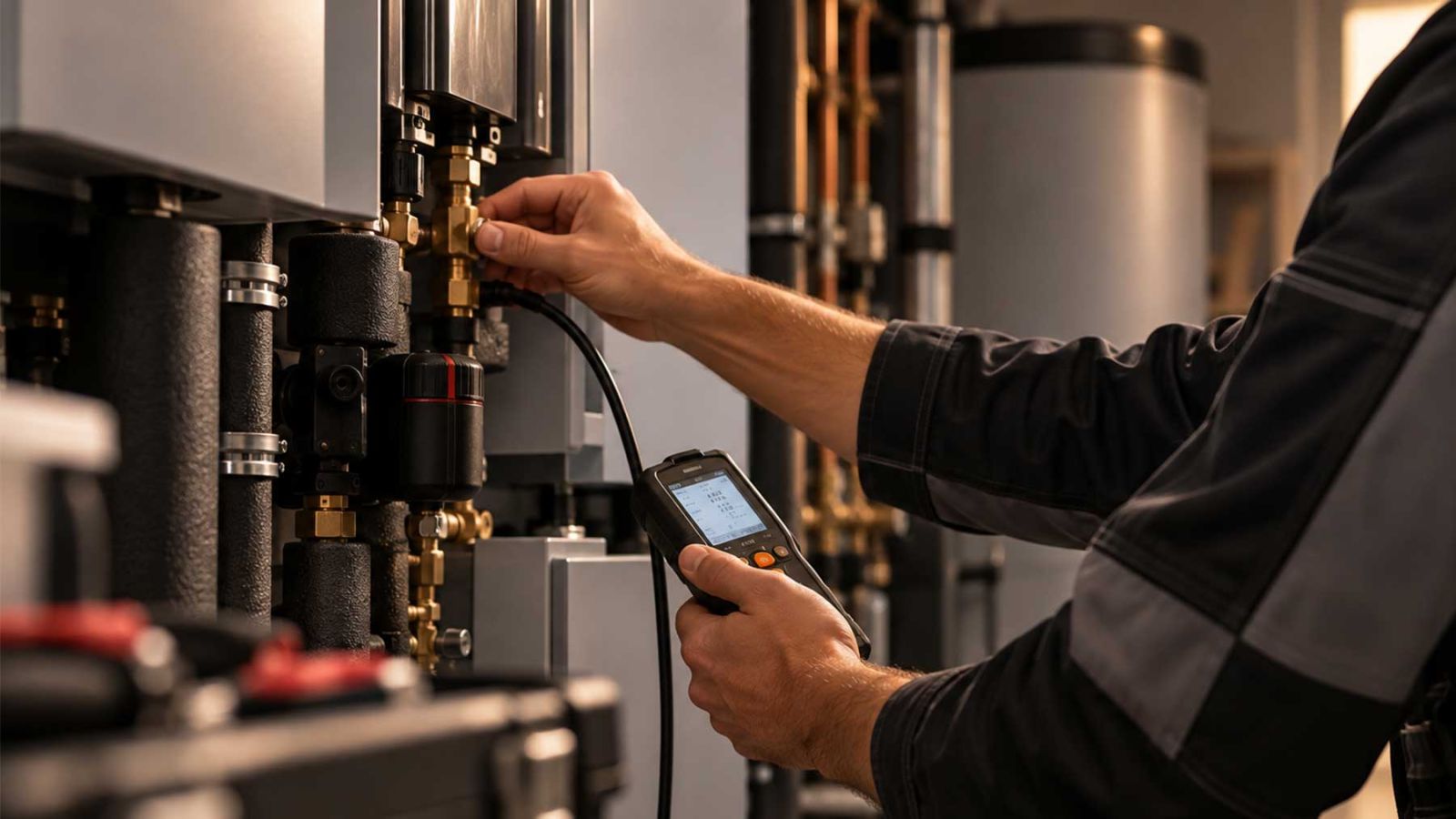 Servicetechniker überprüft eine Heizungsanlage mit einem digitalen Messgerät.