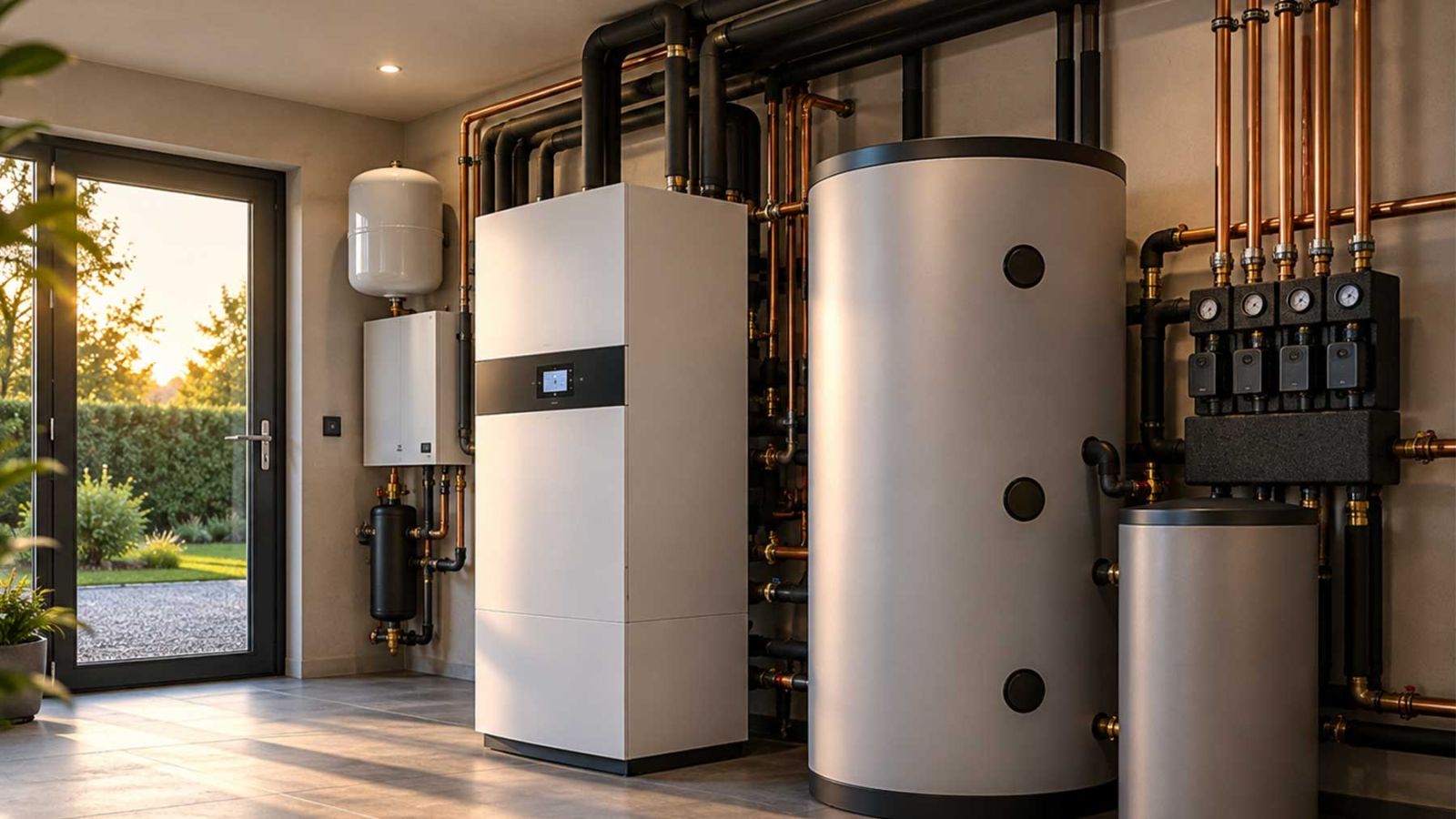 Moderner Heizungsraum mit Heizungsanlage, Pufferspeicher und sauber verlegten Rohrleitungen.