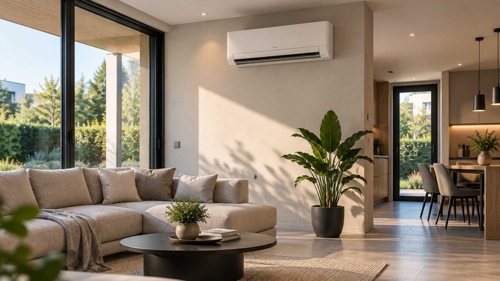 Moderner Wohnraum mit wandmontierter Klimaanlage, großen Glasflächen und offenem Essbereich.